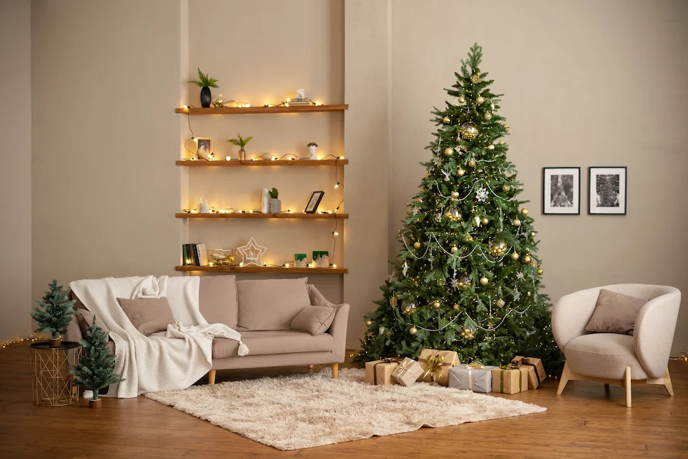 Indoor Christmas tree in a living room that may attract pests