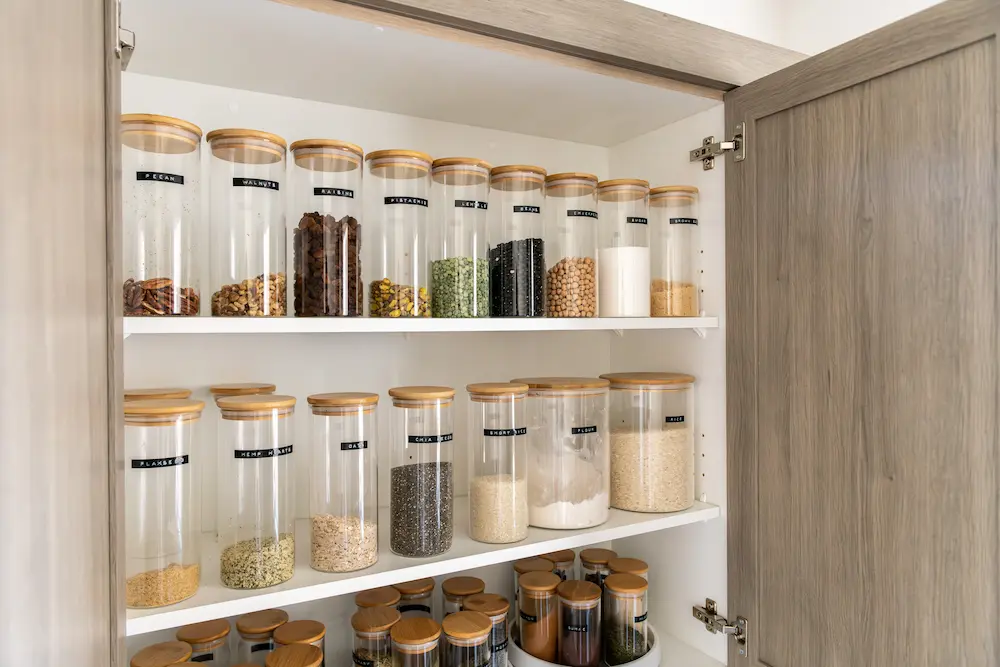 Organized pantry with food stored in sealed containers to prevent pantry pests.