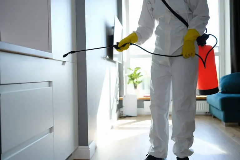 Pest control technician performing indoor pest management treatment