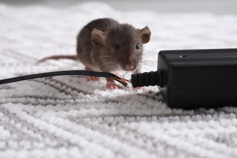 Rodent chewing on an electrical cord inside a home