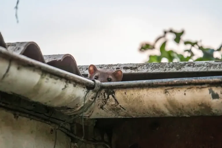 Roof rat peeking out from a roof gutter near a home